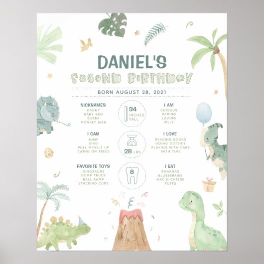 Dinosaur 2. Geburtstags-Meilenstein-Chart Poster (Vorne)