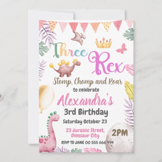 Dinosaur 3. Geburtstag Drei-Rausch-Mädchen-Einladu Einladung (Vorderseite)
