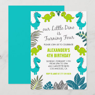 Dinosaur 4. Geburtstag Dschungel grüner Dino T-Rex Einladung