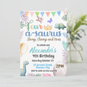 Dinosaur 4. Geburtstag Vier-A-Saurus-Party Einladung (Stehend Vorderseite)