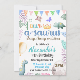 Dinosaur 4. Geburtstag Vier-A-Saurus-Party Einladung