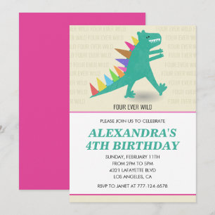 Dinosaur 4. Geburtstagseinladungen Mädchen pink  Einladung
