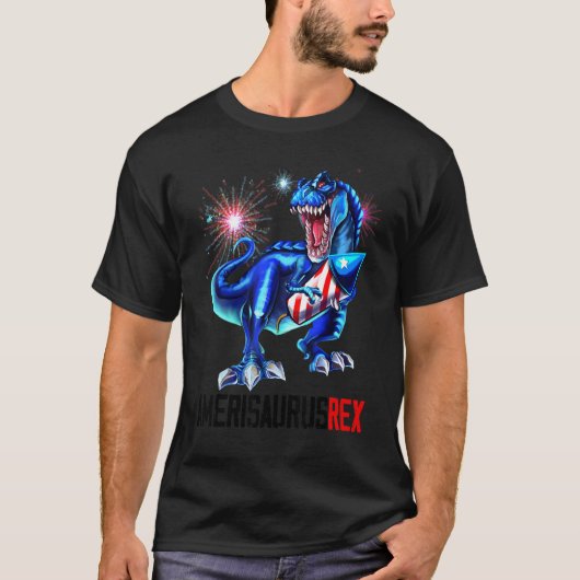 Dinosaur 4. Juli Amerisaurus Rex Fireworks Boy T-Shirt (Vorderseite)