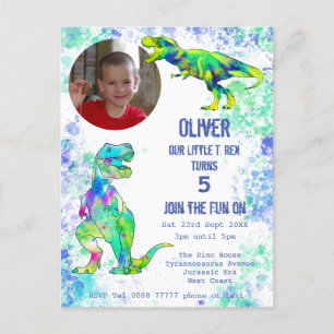 Dinosaur 5. Geburtstag T Rex Jungen Foto Grün Blau Einladungspostkarte
