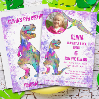 Dinosaur 5. Geburtstag T Rex Mädchen Foto Lila Ros Einladung
