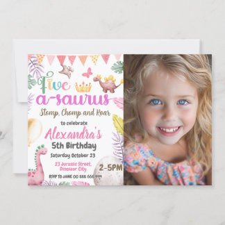 Dinosaur 5. Geburtstagskarte Fünf A-Saurus-Foto Einladung