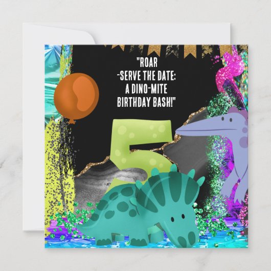 Dinosaur 5. Geburtstagsparty Save The Date (Vorderseite)