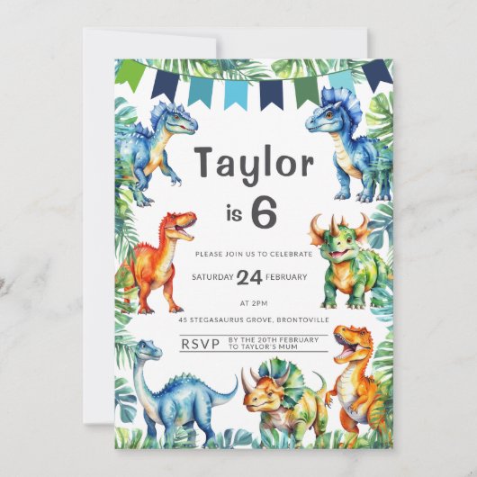 Dinosaur 6. Geburtstag Einladung (Vorderseite)