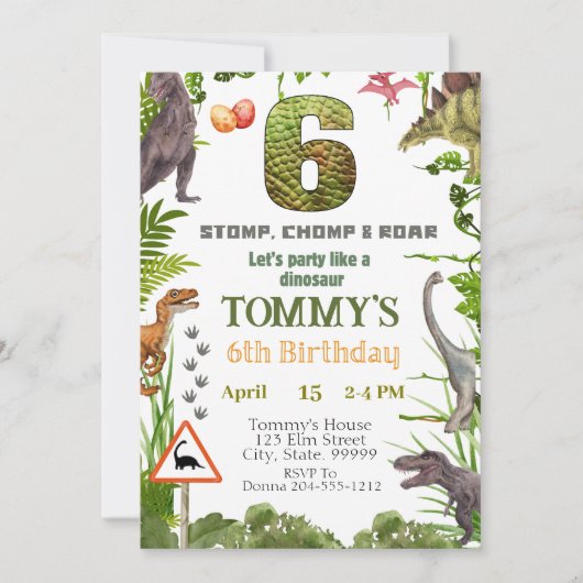 Dinosaur 6. Geburtstagsparty Einladung (Vorderseite)