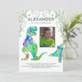 Dinosaur 7. Geburtstagsparty Foto Einladung (Stehend Vorderseite)