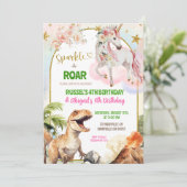 Dinosaur and Rainbow Pastel Unicorn Joint Birthday Einladung (Stehend Vorderseite)