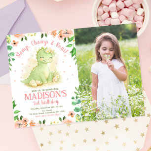 Dinosaur Aquarell Rosa Florales Foto Geburtstag  Einladung