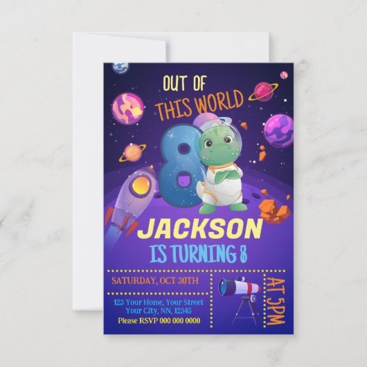 Dinosaur Astronaut 8. Geburtstag Einladung (Vorderseite)