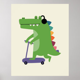 Dinosaur auf einem Roller mit Kopfhörern Baby Kind Poster