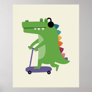 Dinosaur auf einem Roller mit Kopfhörern Baby Kind Poster