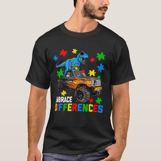 Dinosaur Autism Awareness With Monster Truck For A T-Shirt (Vorderseite)