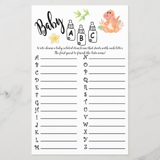DINOSAUR BABY ABC BABY SHOWER SPIELKARTE FLYER (Vorne)