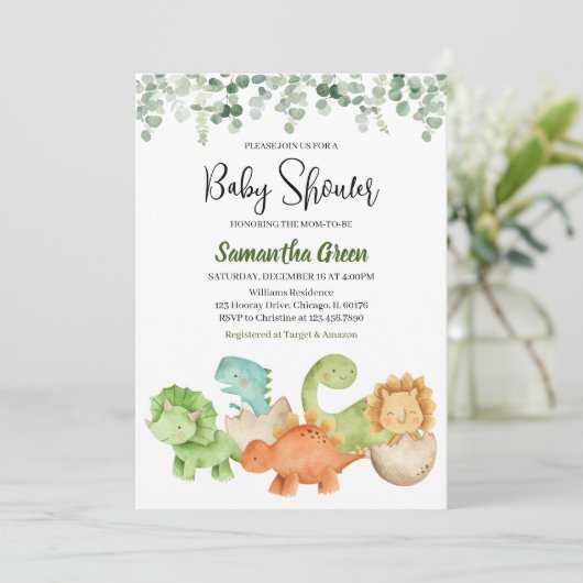 Dinosaur Baby Dusche Einladung (Stehend Vorderseite)
