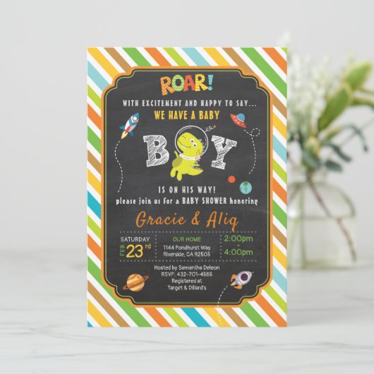 Dinosaur Baby Dusche Einladung BOY (Stehend Vorderseite)