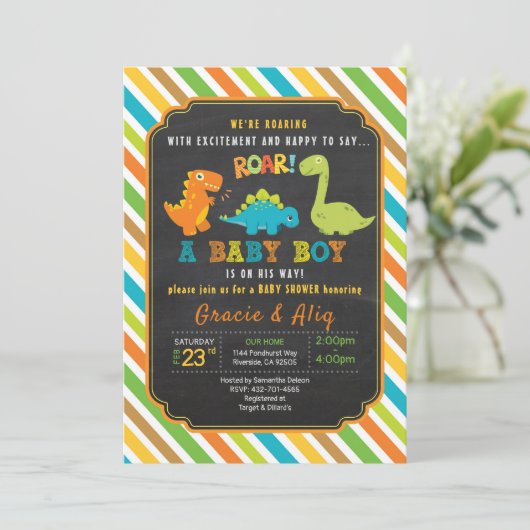 Dinosaur Baby Dusche Einladung BOY (Stehend Vorderseite)