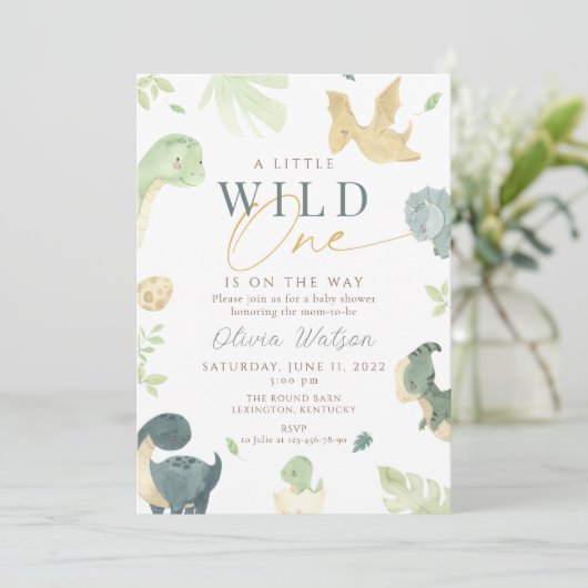 Dinosaur Baby Dusche Einladung, Dino Babydusche Einladung (Stehend Vorderseite)