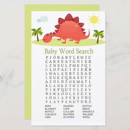 Dinosaur Baby Dusche Word Search Game (Vorne/Hinten)