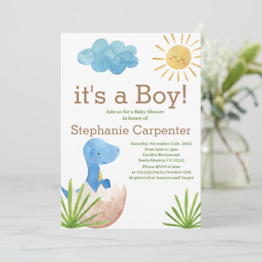 Dinosaur Baby Shower Boy Einladung (Stehend Vorderseite)