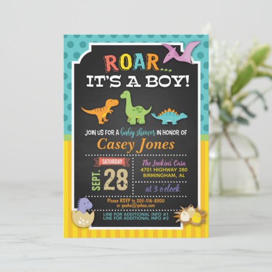 Dinosaur Babydusche Einladung - Junge (Stehend Vorderseite)