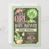 Dinosaur Babydusche Einladung Mädchen, grün & rosa (Vorderseite)