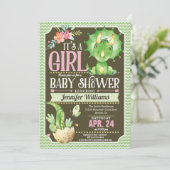 Dinosaur Babydusche Einladung Mädchen, grün & rosa (Stehend Vorderseite)