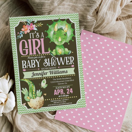 Dinosaur Babydusche Einladung Mädchen, grün & rosa