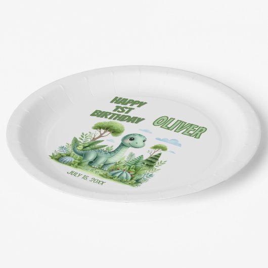 Dinosaur Baby's 1. Geburtstag Pappteller (Schrägansicht)