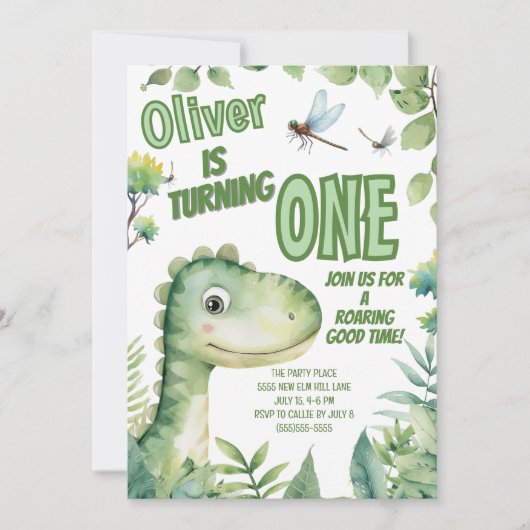 Dinosaur Baby's 1. Geburtstag Roaring gute Zeit Einladung (Vorderseite)