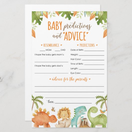 Dinosaur-Babyvoraussagen und Advice-Card Briefpapier (Vorne/Hinten)