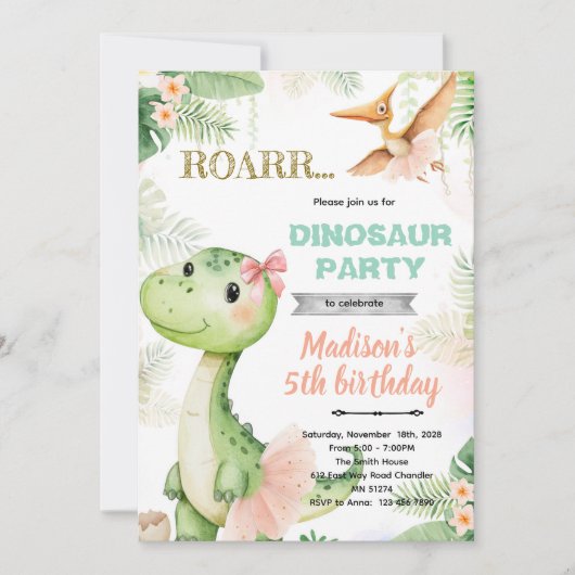 Dinosaur ballerina birthday party invitation einladung (Vorderseite)