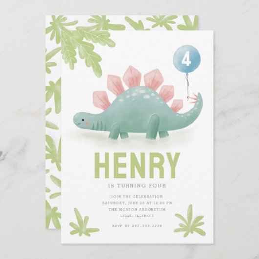Dinosaur Balloon Kids Einladung zum Geburtstag (Vorne/Hinten)