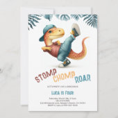 Dinosaur bewegt Cool Stomp Chomp Roar Boy Geburtst Einladung (Vorderseite)