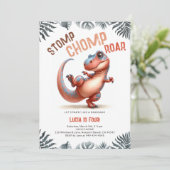 Dinosaur bewegt Coolen Stomp Chomp Roar Kindergebu Einladung (Stehend Vorderseite)