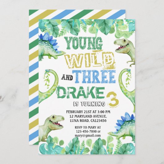 DINOSAUR BIRTHDAILFE FÜR DREI JAHRE SAVE THE DATE (Vorne/Hinten)