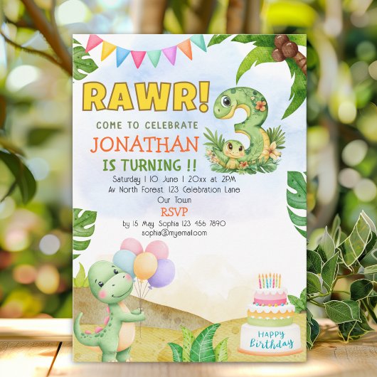 Dinosaur Birthday 3 for Boys | Rawr Dino party Einladung