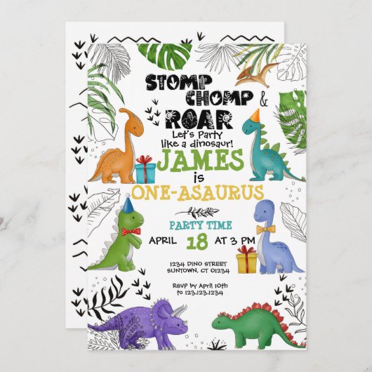 Dinosaur Birthday Boy Girl Aquarell farbig Einladung (Vorne/Hinten)