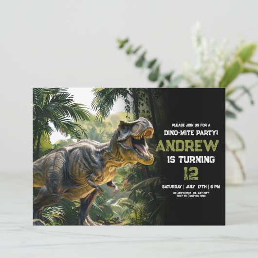 Dinosaur Birthday einladen, Dino-Mite T Rex Geburt Einladung (Stehend Vorderseite)