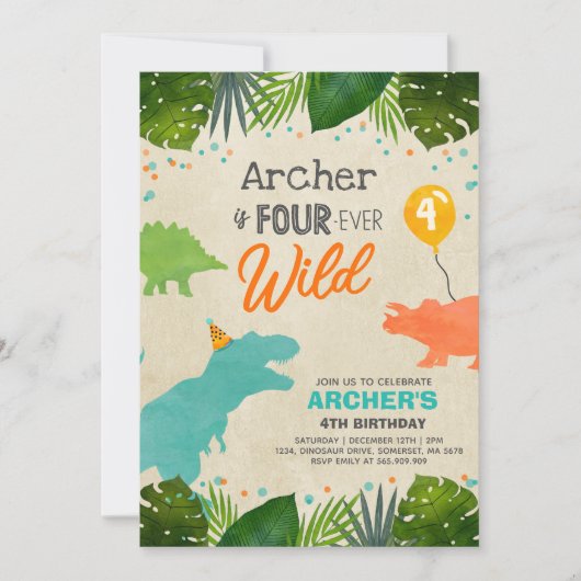 Dinosaur Birthday Einladen Vier Wild Dino Party Einladung (Vorderseite)