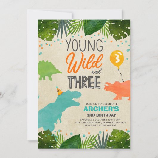 Dinosaur Birthday Einladen Wild und Drei-Dino-Part Einladung (Vorderseite)