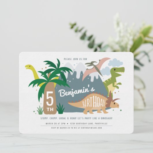 Dinosaur Birthday Einladung (Stehend Vorderseite)