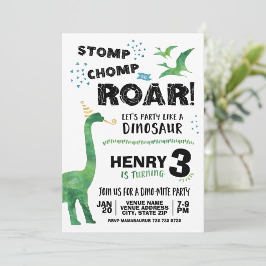 Dinosaur Birthday Einladung (Stehend Vorderseite)