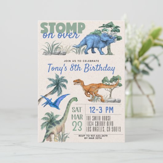 Dinosaur Birthday Einladung (Stehend Vorderseite)