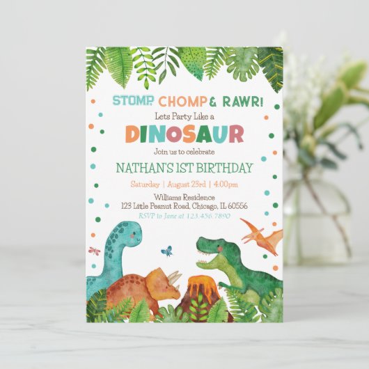 Dinosaur Birthday Einladung (Stehend Vorderseite)