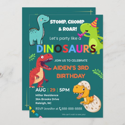 Dinosaur Birthday Einladung - Bearbeitbar | Flachw (Vorne/Hinten)