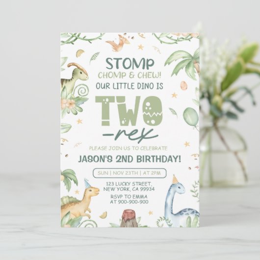 Dinosaur Birthday Einladung EDITABLE Two-Rex Dino (Stehend Vorderseite)